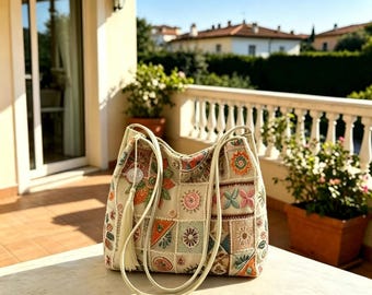 Vintage bestickte Einkaufstasche, handgemachte Patchwork Geldbörse, Boho Cottagecore Schultertasche, Vintage geometrische bestickte Tasche, Einzigartig, Geschenk für sie