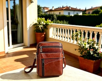Kleine Leder Umhängetasche - Sommer Festival Handytasche - Vintage Sling Bag - Kleine Umhängetasche - Reißverschluss für Handy - Handytasche mit mehreren Taschen