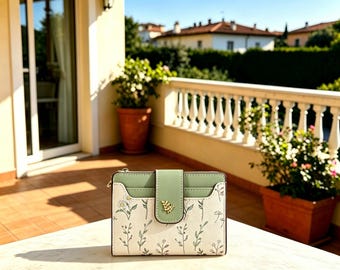 Floral Brieftasche Damen Kleine Bifold PU-Leder Slim-Kartenhalter Minimalist Damen Brieftasche Cottagecore ， Kleine Brieftasche mit Botanischem Druck, Geldbörse mit Reißverschluss
