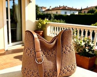 Boho Crochet Shoulder Bag ,Knit Summer Beach Tote, Handmade Crochet Tote Bag,Openwork Floral Crochet Bag，Everyday Casual Tote,Women's Gifts