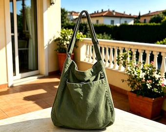 Große Umhängetasche aus Canvas: Mehrfarbige Schultertasche im japanischen Stil, minimalistische Canvas Slouch Tote, Multi-Pocket Canvas Messenger Bag, Unisex