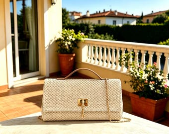 Gewebte Bast Stroh Clutch Tasche, Gold Lock Detail, Beige Sommer Abend Handtasche, Gewebte Stroh Schultertasche, Kette Crossbody Geldbörse als Geschenk für Sie