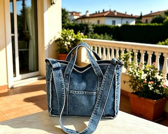 Übergroße Denim-Einkaufstasche, blaue Jeans-Umhängetasche, lässige Alltagstasche, große Reisehandtasche, Mehrweg-Denim-Crossbody-Geldbeutel, Geschenk für Sie