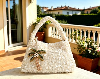 Elfenbein weiße Pailletten Hobo Handtasche, Vintage Perlen Palme Charme Schultertasche, glitzernde Handtasche, Braut Hochzeit Mini Clutch Tasche ihr Geschenk