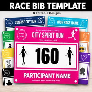 Op de afbeelding: Een verzameling van acht bewerkbare startnummer-sjablonen in verschillende kleuren en ontwerpen. Het centrale roze startnummer toont de tekst CITY SPIRIT RUN, Girls Marathon 2026, het nummer 160 en de zin Run With Heart, Finish With Pride.