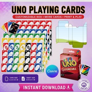 May include: A digital template for UNO playing cards featuring a printable sheet of numbered and action cards, a customizable box layout, and a finished box design. Text includes UNO PLAYING CARDS, CUSTOMIZABLE BOX, MORE CARDS, PRINT & PLAY, and CARD SIZE 2.5 X 3.5 IN.