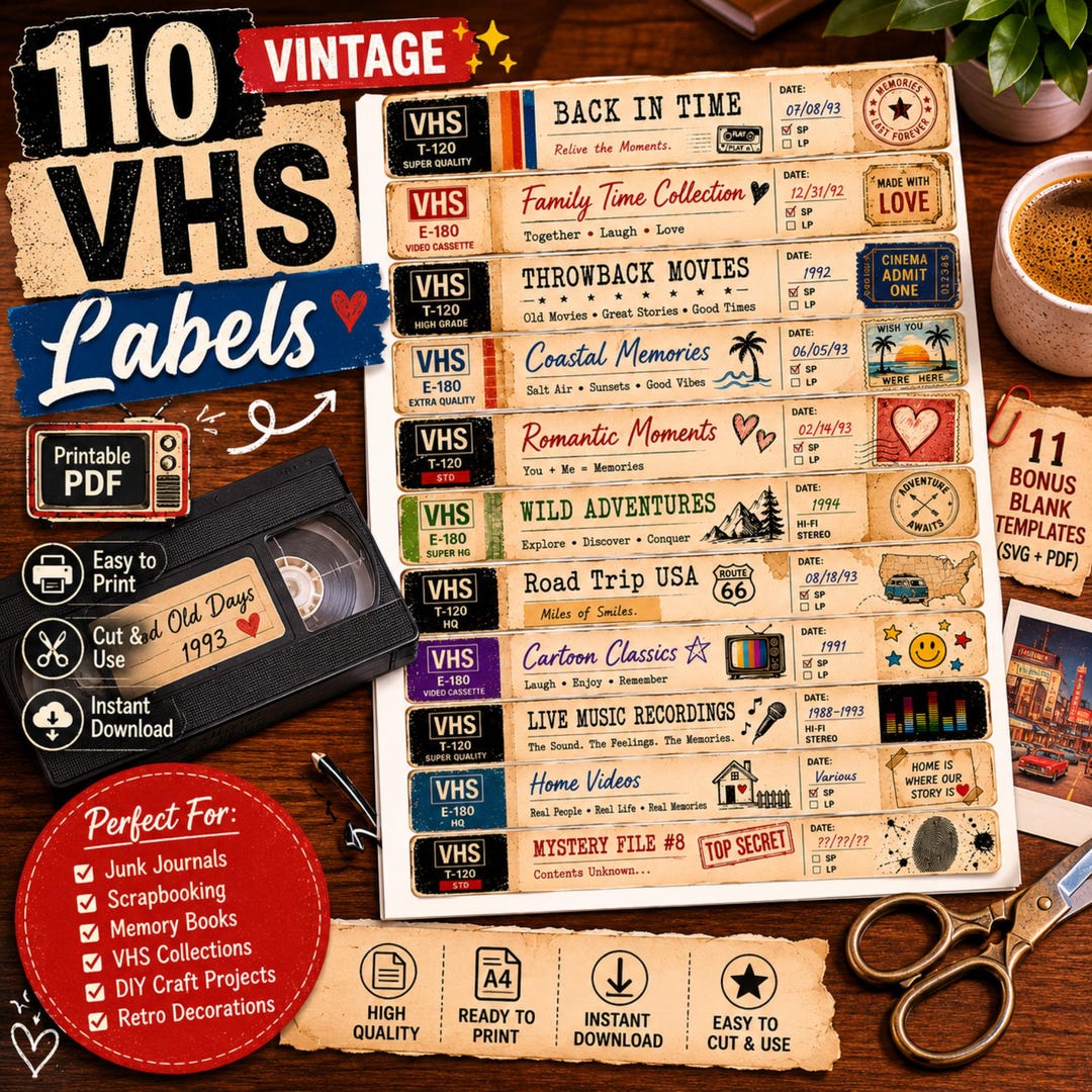 Vhs Label Editor Vintage VHS Labels Bundle | 110 Retro Stickers for Junk Journals (pdf ...
