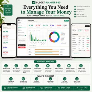 Può includere: Annuncio pubblicitario per Budget Planner Pro. L'immagine mostra un laptop, un tablet e uno smartphone che visualizzano dashboard finanziari. Il testo evidenzia funzionalità come il monitoraggio delle entrate e delle spese. Lo slogan è: "Tutto ciò di cui hai bisogno per gestire il tuo denaro."