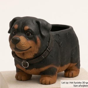 May include: A black and tan Rottweiler puppy-shaped planter with a dark brown collar featuring a small ring. The puppy has a smooth, matte finish and a hollow opening on its back for holding small items or plants. The text on the image is omitted.