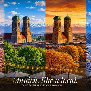 Könnte beinhalten: Ein Panoramadruck der Frauenkirche in München in vier saisonalen Abschnitten mit rosa Blüten, grünen Bäumen, orangefarbenem Herbstlaub und schneebedeckten Zweigen sowie dem Text "Munich, like a local. THE COMPLETE CITY COMPANION."