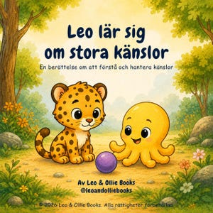 May include: A colourful children's book illustration. It shows a cartoon cheetah and a yellow octopus playing with a purple ball. The book's title is in Swedish: "Leo learns about big feelings". The background is a green and yellow landscape.
