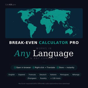 May include: Dark blue graphic with a teal world map and the text "BREAK-EVEN CALCULATOR PRO." It states it works in "Any Language & Any Currency." Additional text includes instructions for translation and language options.