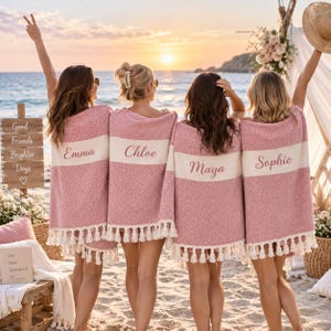 Personalized beach towels, customizable with name embroidery, tassel cotton bath towels, bridesmaid gifts, beach wedding presents.