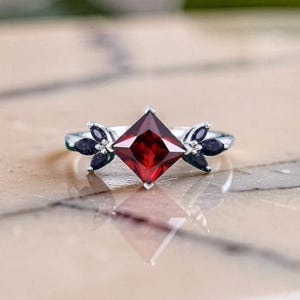 Kite Cut Garnet Engagement Ring, White Gold Red Ruby Solitaire Ring, Blue Goldstone Marquise Cluster Ring, January Birthstone Gift for Her
