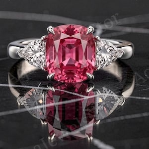 Cushion Cut Pink Tourmaline Three Stone Ring, Trillion Diamond Engagement Ring, 925 Sterling Silver Ruby Ring, Vintage Promise Ring
