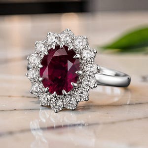 Puede incluir: Un anillo de tono plateado con una gran piedra preciosa de color rojo intenso y corte ovalado en el centro, rodeada por un halo de doce piedras redondas, claras y facetadas. La banda es lisa y pulida, creando un diseño clásico de racimo.