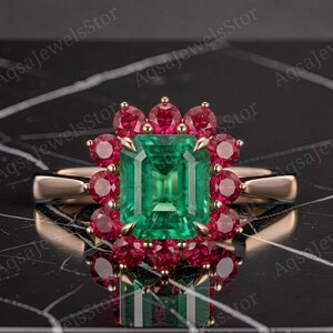 Emerald Cut Green Emerald Ruby Halo Ring, Vintage Royal Floral Cluster Ring, Rose Gold Engagement Ring, May & July Birthstone Ring
