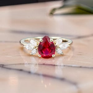 Pear Ruby Engagement Ring, Yellow Gold Teardrop Red Ruby Ring, Marquise Cluster Solitaire Ring, July Birthstone Gift for Her