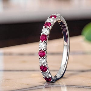 Alternating Ruby Diamond Wedding Band, Round Cut Red Gemstone Half Eternity Ring, Sterling Silver Stacking Band, July Birthstone Gift
