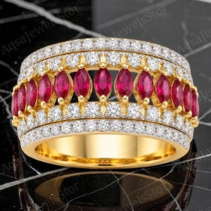 Wide Marquise Ruby Eternity Band, 14K Gold Multi Row Diamond Cigar Band, Bold Red Gemstone Statement Ring, July Birthstone Wedding Ring