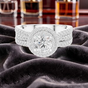 925 Sterling Silver Double Halo Engagement Ring, Round Cut Moissanite Ring, Triple Row Pave Band Statement Ring, Anniversary Gift Ring