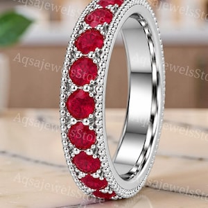 Ruby Eternity Band, White Gold Milgrain Ring, July Birthstone Wedding Band, Antique Stackable Ring Gift for Her
