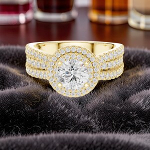 Round Cut Diamond Engagement Ring, 14K Yellow Gold Double Halo Ring, Multi Row Pave Band Moissanite Ring, Vintage Wedding Ring for Women