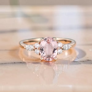 Oval Morganite Engagement Ring, Rose Gold Marquise Cluster Ring, Blush Pink Gemstone Solitaire, Dainty Alternative Bridal Gift
