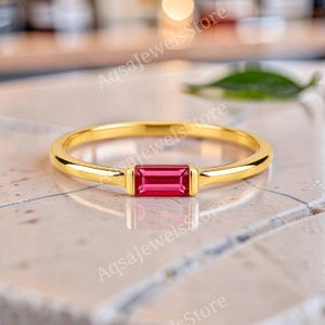 Minimalist Baguette Red Ruby Ring, Dainty East West Solitaire Band, Pink Red Gemstone Stacking Ring, 14K Gold Plated Silver Promise Ring