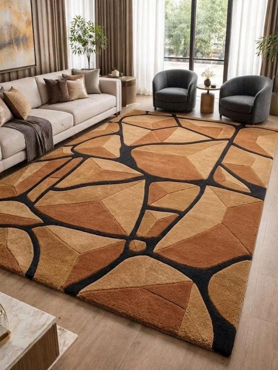 Modern Geometric Hand Tufted Wool Area Rug – Abstract Stone Pattern ...
