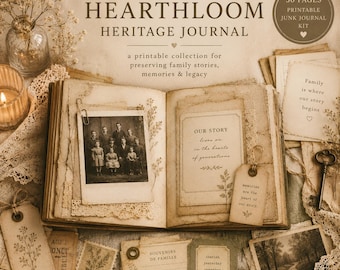 May include: Open vintage journal with the title "HEARTHLOOM HERITAGE JOURNAL" and the text "a printable collection for preserving family stories, memories & legacy." The journal is open to a page with a family photo and decorative tags.