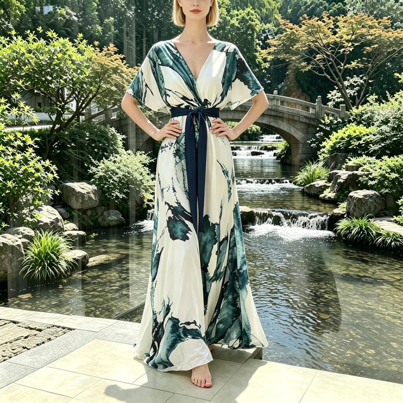 May include: A floor-length cream-colored maxi dress featuring a dark teal abstract brushstroke pattern, a deep V-neckline, wide kimono-style sleeves, and a solid dark navy blue fabric tie belt cinched at the waist to define the silhouette.