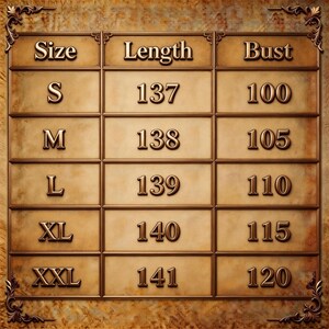 May include: A brown grid-style sizing chart with ornate corner details. The table lists sizes S, M, L, XL, and XXL with corresponding length and bust measurements in centimeters. The text is embossed in a metallic bronze font against a parchment background.
