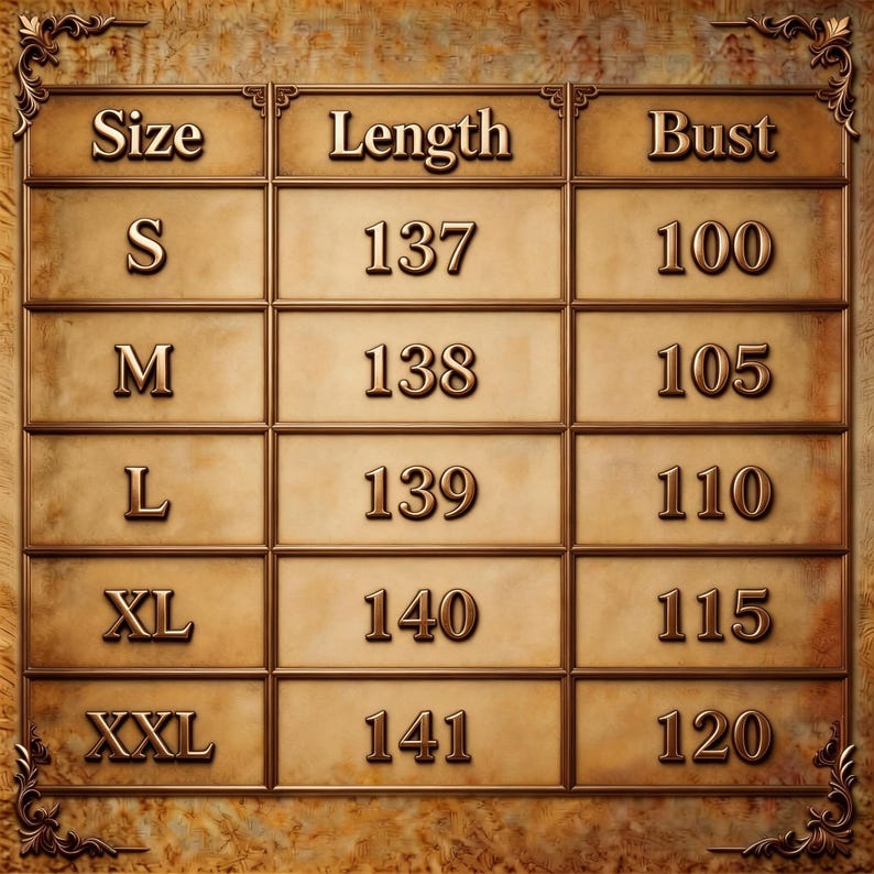 May include: A brown grid-style sizing chart with ornate corner details. The table lists sizes S, M, L, XL, and XXL with corresponding length and bust measurements in centimeters. The text is embossed in a metallic bronze font against a parchment background.