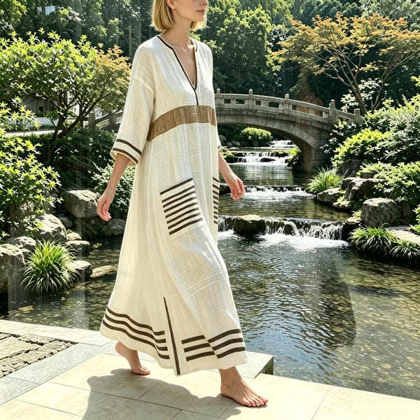 Linen Maxi Dress, Boho Beach, Striped Kaftan, Summer Resort, Oversized Linen,Striped Print Linen Cotton Dress,  Pocket Oversized Beach Tunic