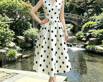 French Style Polka Dot Dress - 1950s Vintage Retro Summer Midi Dress,Elegant Sleeveless Wrap-Dress,V Neck Sleeveless Belted Swing Midi Dress
