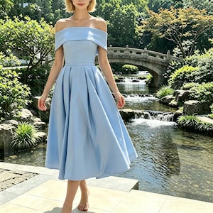 blue and white bardot dress Blue Aggie Bardot Dress