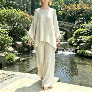 May include: A two-piece set consisting of a loose-fitting, cream-coloured top with wide, three-quarter length sleeves and a high, rounded neckline, paired with matching wide-leg trousers that feature a relaxed, flowing silhouette and textured fabric.