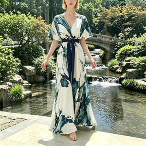 May include: A floor-length maxi dress featuring a cream base with a dark teal abstract watercolor print, short flutter sleeves, a deep V-neckline, and a solid dark navy blue fabric tie belt cinched at the waist to create a defined silhouette.