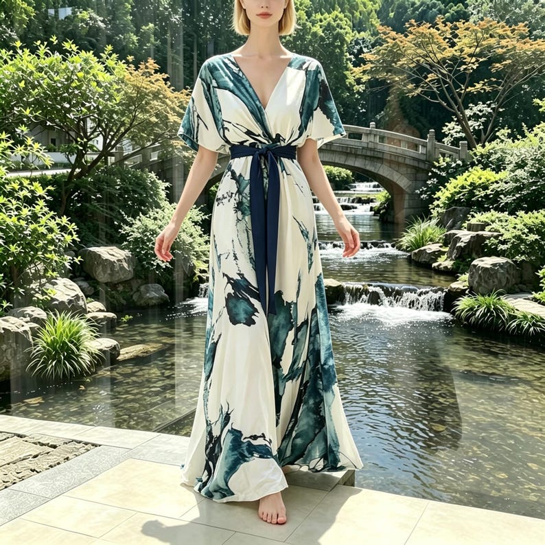 May include: A floor-length maxi dress featuring a cream base with a dark teal abstract watercolor print, short flutter sleeves, a deep V-neckline, and a solid dark navy blue fabric tie belt cinched at the waist to create a defined silhouette.