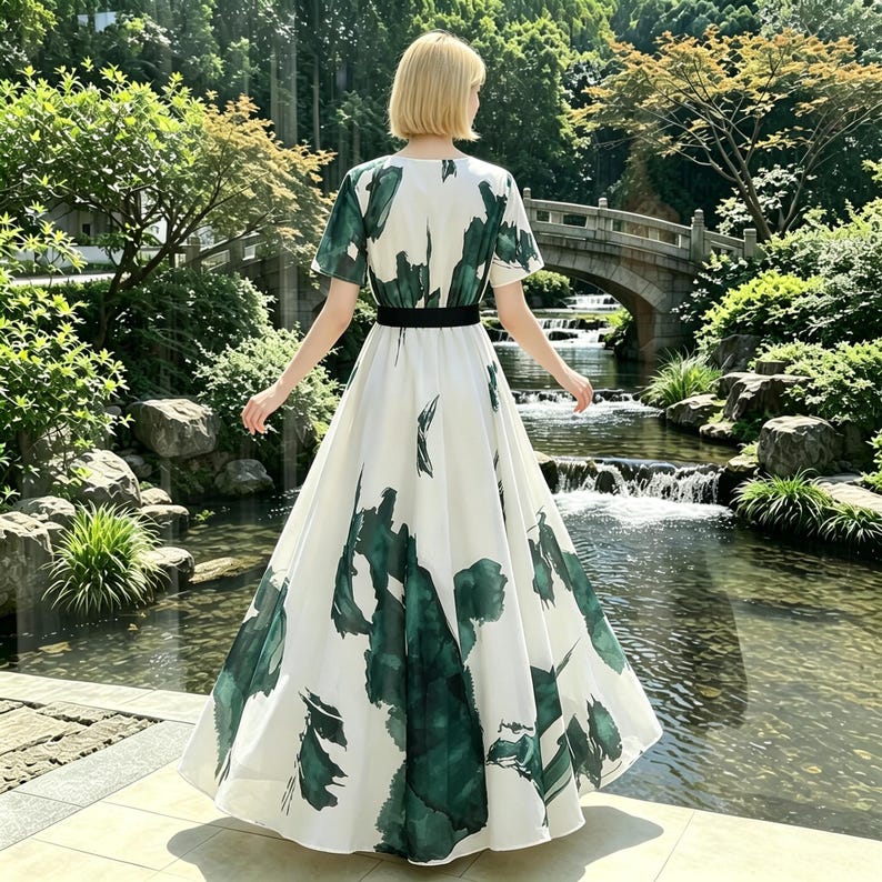 May include: A floor-length dress featuring a white base with dark green abstract brushstroke patterns, short sleeves, and a solid black waistband. The garment has a full, flowing skirt that reaches the ground, creating a wide, flared silhouette.
