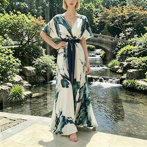 May include: A floor-length maxi dress featuring a cream base with a dark teal abstract brushstroke pattern, a deep V-neckline, short flutter sleeves, and a solid dark navy blue fabric tie belt cinched at the waist to define the silhouette.