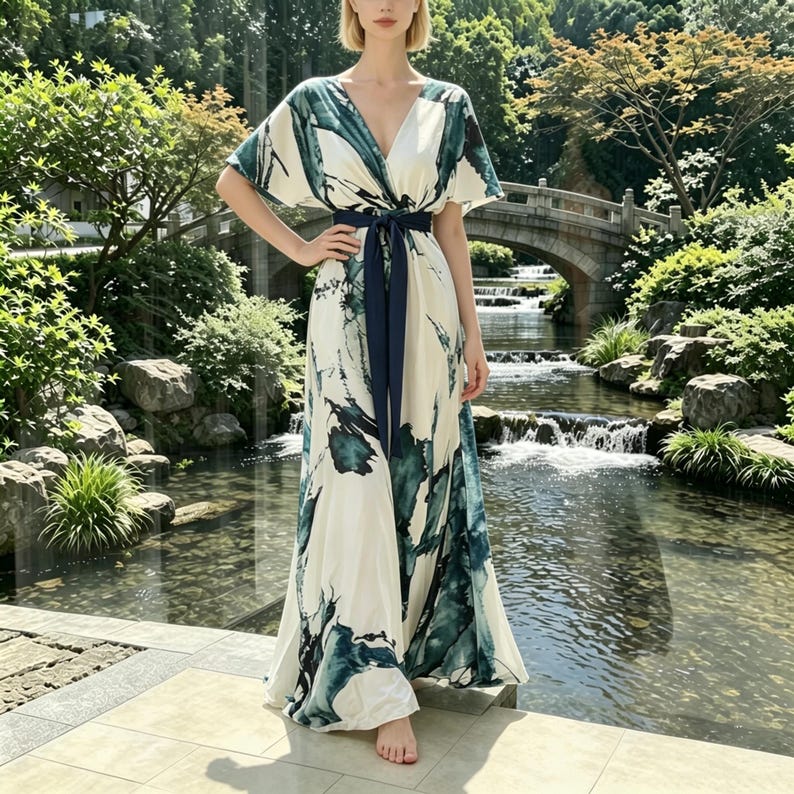 May include: A floor-length maxi dress featuring a cream base with a dark teal abstract brushstroke pattern, a deep V-neckline, short flutter sleeves, and a solid dark navy blue fabric tie belt cinched at the waist to define the silhouette.