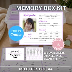 Può includere: Un kit per scatola dei ricordi composto da un contenitore in plastica trasparente con cartelle sospese viola. Il kit include modelli stampabili con campi per informazioni scolastiche, preferiti e ricordi, oltre a 16 fogli di copertina.
