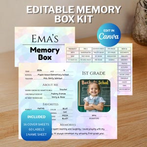 Può includere: Un kit modificabile per scatola dei ricordi con sfondi ad acquerello pastello. Include copertine, etichette e una pagina profilo di prima elementare con campi per dettagli scolastici, preferiti e ricordi. Presenta la foto di un bambino e il marchio Canva.