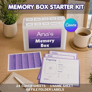 Può includere: Un kit iniziale per scatola dei ricordi in plastica trasparente con un'etichetta viola che riporta la scritta Ana's Memory Box. Include un foglio con 60 etichette, 24 fogli di copertina e divisori per tappe fondamentali e anni scolastici.