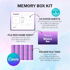 Può includere: Un kit digitale per scatola dei ricordi con 24 fogli di copertina in formato A4 e US Letter, un'etichetta da 6x4 pollici per la scatola e schede per cartelle su un foglio da 11x8,5 pollici, con design a sfumature viola e etichette di testo.