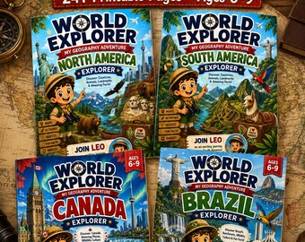 North America and South America Geography Workbook Bundle for Kids Ages 6–9: Canada, Brazil, 4 Printable Books + Passport