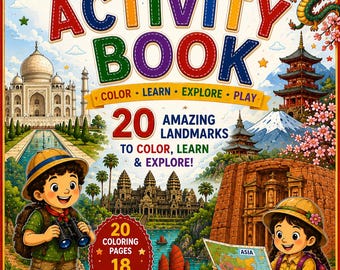 Asia Landmarks Coloring Book for Kids Ages 5-10, Geography Activity Book, Printable PDF, Homeschool Learning, Travel Worksheets