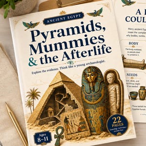 May include: A 22-page educational activity booklet titled Pyramids, Mummies & the Afterlife for ages 8-11. The cover features a pyramid cross-section, a sarcophagus, and a mummy. Additional pages show text about Ancient Egypt, including sections on body, name, memory, and protection, plus an activity detective evidence sheet.